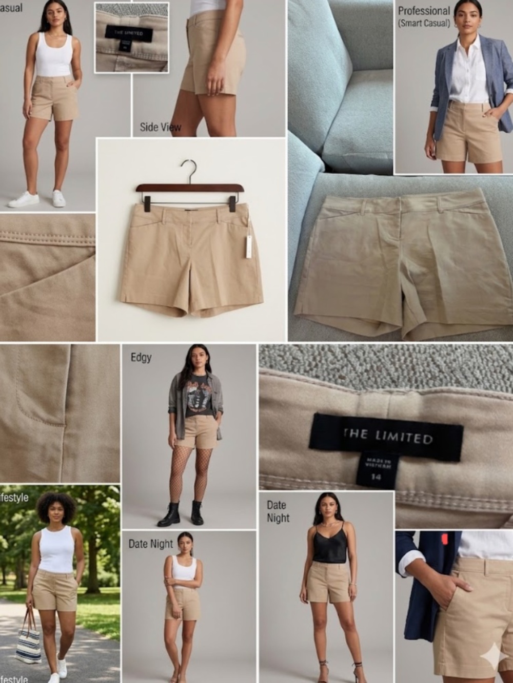 THE LIMITED Classic Khaki Twill Shorts Size 14 Neutral Closet Staple
